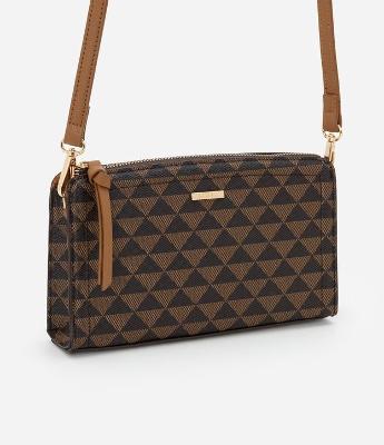 Bolsa Transversal Pequena com Estampa Triangular  e Zíper com Puxador
