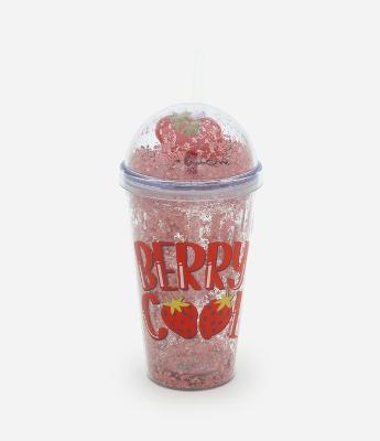 Copo Sundae em Plástico com Estampa de Morangos e Canudo 450 ml