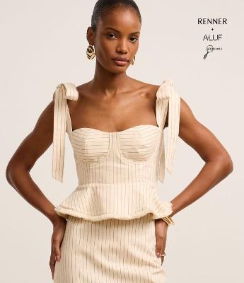 Blusa Peplum Corsetada com Listras e Laço na Alça