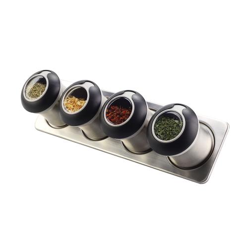 Conjunto de 4 Porta Temperos em Aço Inox e Suporte com Imã