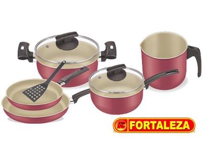 Conjunto de Panelas Fortaleza com Tampa de Vidro Cereja 5 Peças