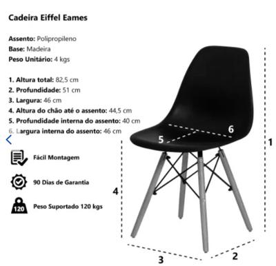 Kit 8 Cadeiras Eiffel Charles Eames Dkr Base Madeira Preta