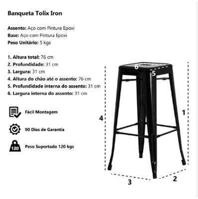 KIT COM 5 Banqueta Tolix Iron Design Industrial Preto  76 cm Aço Cozinha Bar Bistrô Bancada