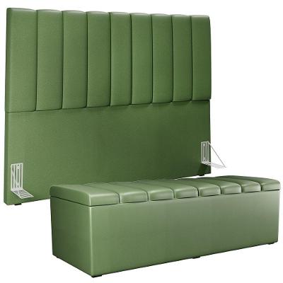Kit Cabeceira Casal Queen 160cm Calçadeira Baú Verde Musgo