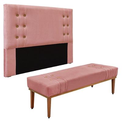 Kit Cabeceira E Calçadeira Recamier Casal 1,40M Rosa -