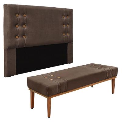 Kit Cabeceira E Calçadeira Recamier Casal 1,40M Marrom -