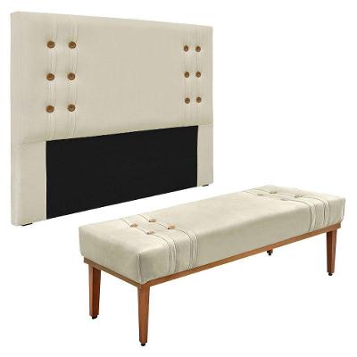 Kit Cabeceira E Calçadeira Recamier Casal 1,40M Bege -
