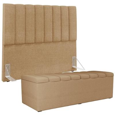 Kit Cabeceira Casal 140cm Calçadeira Baú Bege Escuro