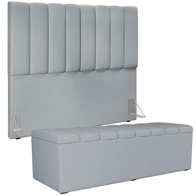 Kit Cabeceira Casal 140cm C/Calçadeira Recamier Baú Cinza