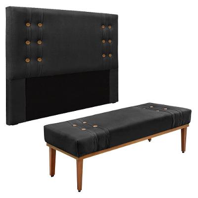 Kit Cabeceira E Calçadeira Recamier Casal 1,40M Preto -