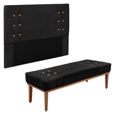 Kit Cabeceira E Calçadeira Recamier Casal 1,40M Suede Preto