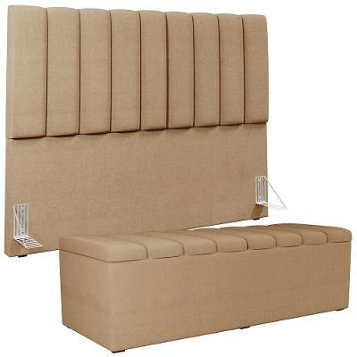 Kit Cabeceira Casal Queen 160cm Calçadeira Baú Bege Escuro