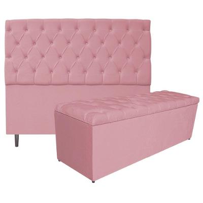 Kit Cabeceira e Calçadeira 160Cm Queen Size Suede Rosa Bebê