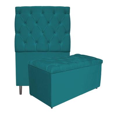 Kit Cabeceira e Calçadeira 90Cm Solteiro Suede Azul Turquesa