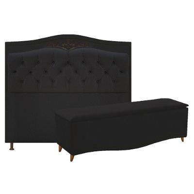 Kit Cabeceira e Calçadeira Yasmim 140 Cm Casal Suede Preto
