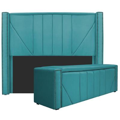 Kit Cabeceira E Calçadeira Baú Casal 140cm Azul Turquesa
