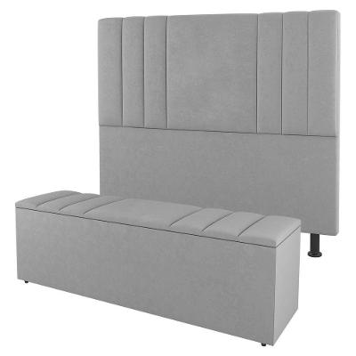 Kit Cabeceira E Baú Cama Box Casal 140Cm Cinza Claro