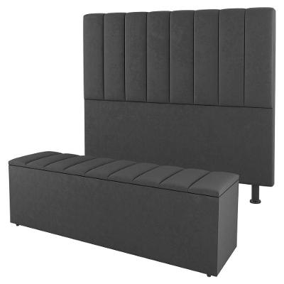 Kit Cabeceira E Baú Cama Box Casal 140Cm Cinza Escuro