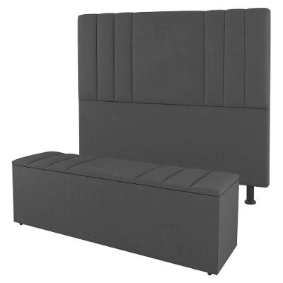 Kit Cabeceira E Baú Cama Box Casal 140Cm Cinza Escuro