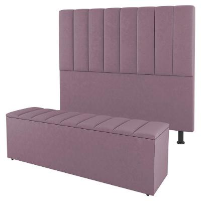 Kit Cabeceira E Baú Cama Box Solteiro Cora 90Cm Suede Rosé