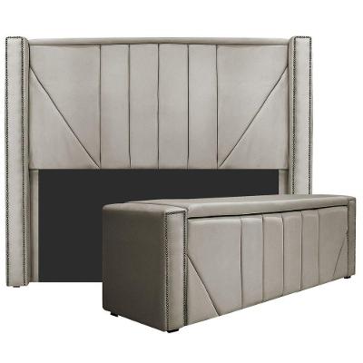 Kit Cabeceira E Calçadeira Baú Casal 140cm Linho Bege