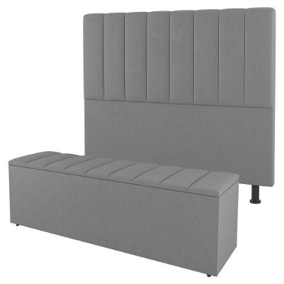 Kit Cabeceira E Baú Cama Box Casal 140Cm Suede Cinza Claro