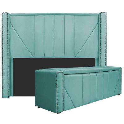 Kit Cabeceira E Calçadeira Baú Casal Minsk P02 140 Cm Para Cama Box Suede Azul Tiffany