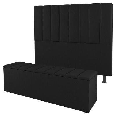 Kit Cabeceira E Baú Cama Box Solteiro 90Cm Sintético Preto