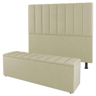 Kit Cabeceira E Baú Cama Box Solteiro 90Cm Sintético Bege