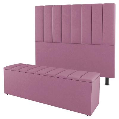 Kit Cabeceira E Baú Cama Box Casal Cora 140Cm Suede Rosa