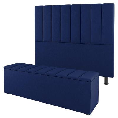 Kit Cabeceira E Baú Cama Box Casal Cora 140Cm Suede Azul