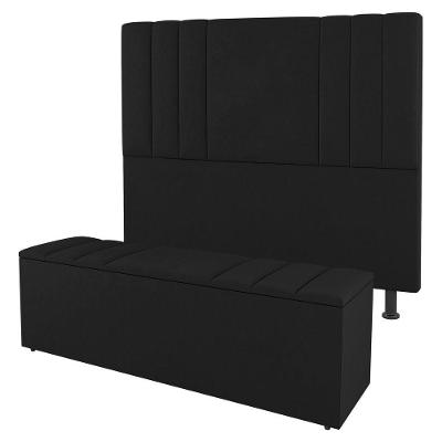 Kit Cabeceira E Baú Cama Box Solteiro Grace 90cm Suede Preto