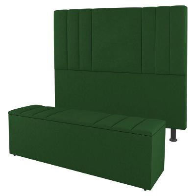 Kit Cabeceira E Baú Cama Box Solteiro Grace 90cm Suede Verde