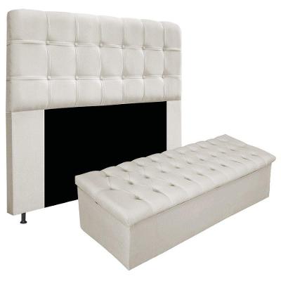 Kit Cabeceira e Calçadeira Baú Estofada Mel 140cm Casal Com Capitonê Suede Bege