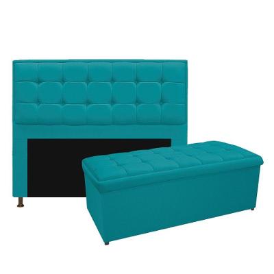 Kit Cabeceira Calçadeira Copenhague Casal Suede Azul