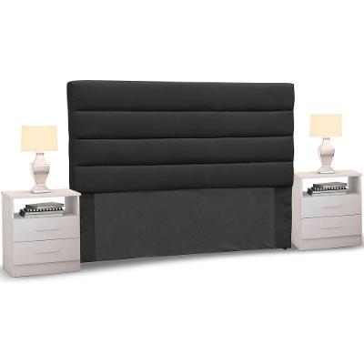 Cabeceira King Preto 195cm e 2 Mesas de Cabeceira Branco