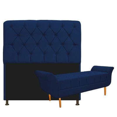 Kit Cabeceira e Recamier 160 Cm Queen Size Suede Azul Marinho