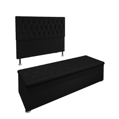 Conjunto Cabeceira Casal e Recamier Baú 1,40m Suede Preto