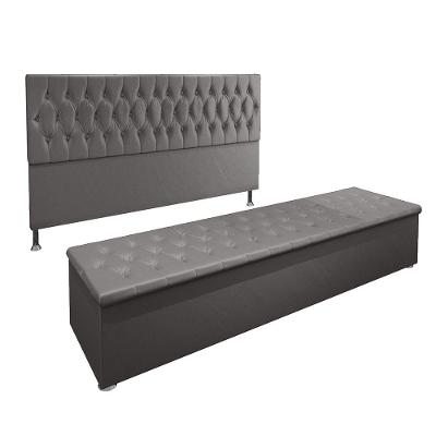 Conjunto Cabeceira Casal e Recamier Baú 1,95m Suede Cinza