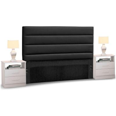 Cabeceira King 195cm Preto e 2 Mesas de Cabeceira Branco