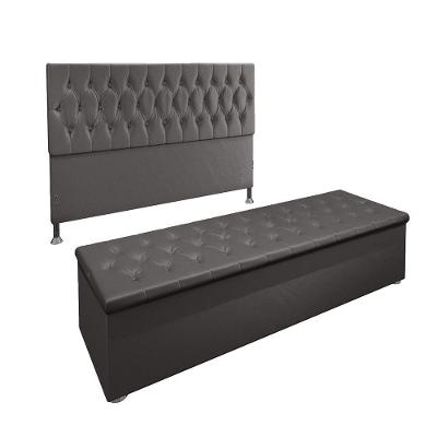 Conjunto Cabeceira Casal e Recamier Baú 1,60m Suede Cinza