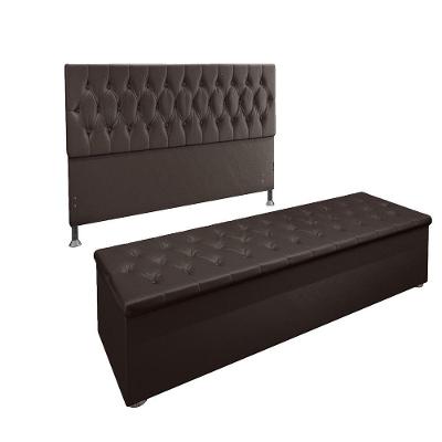 Conjunto Cabeceira Casal e Recamier Baú 1,60m Suede Marrom