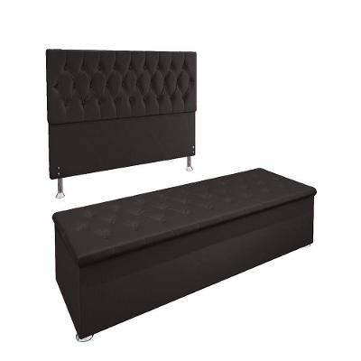 Conjunto Cabeceira Casal e Recamier Baú 1,40m Suede Marrom