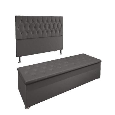 Conjunto Cabeceira Casal e Recamier Baú 1,40m Suede Cinza