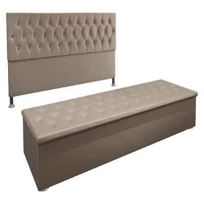 Kit Cabeceira e Calçadeira Baú Queen 1,60m Suede Bege