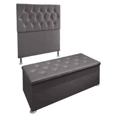 Kit Cabeceira e Calçadeira Baú Solteiro 0,90m Suede Cinza