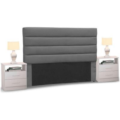 Cabeceira Casal Suede Cinza e 2 Mesas de Cabeceira Branco