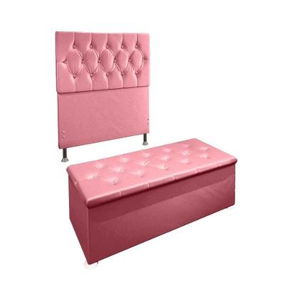 Kit Cabeceira Calçadeira Baú Solteiro 90cm Madrid Suede Rosa