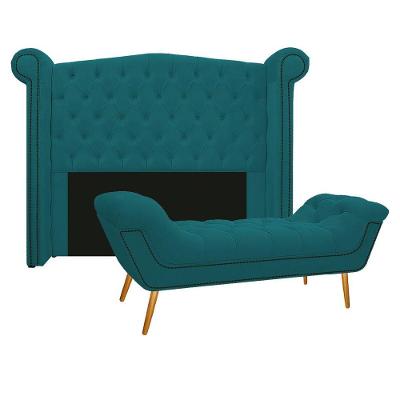 Cabeceira Calçadeira Veneza 140Cm Casal Suede Azul Turquesa