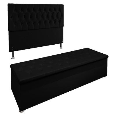 Kit Cabeceira e Calçadeira Baú Casal 1,40m Suede Preto